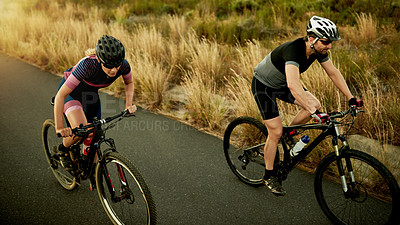 Buy stock photo Cycling, above and couple with bicycle on mountain for sports hobby, training and outdoor exercise. Workout, fitness and man with woman on bike for adventure, journey and wellness in countryside