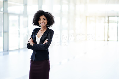 Buy stock photo Smile, crossed arms and portrait of businesswoman in office with confidence for finance career. Happy, corporate and financial manager from Mexico with pride for job opportunity in workplace space