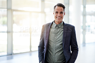 Buy stock photo Happy, pride and portrait of businessman in lobby for corporate finance conference. Smile, confident and mature financial manager with ambition at seminar for investment proposal or accounting agency