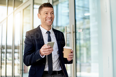 Buy stock photo Coffee, phone and smile with business man in city for morning commute, contact and meeting agenda. Travel schedule, drink and networking with mature person outdoor for text message and notification