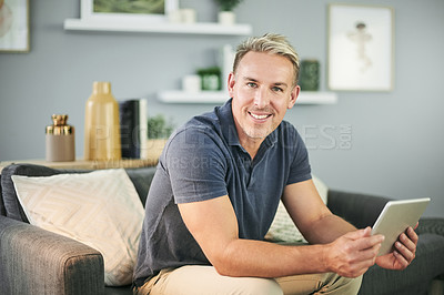 Buy stock photo Happy, tablet and portrait of man in home for social networking, check emails and connection. Relax, weekend and mature person on digital tech for internet, research and website for news subscription