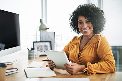 Buy stock photo Business, portrait and tablet with editor woman at desk in office for online fashion magazine. App, publication and smile with person in agency workplace to post or review article for virtual column