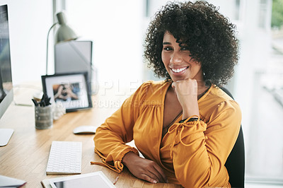 Buy stock photo Portrait, employee and black woman with smile, office and pride for career development and creative. Happy, graphic designer and ambitious for job opportunity, confident or positive attitude in Kenya