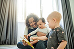 Mother, babies and learning with book in home, storytelling and education in house. Development, care and happy mama or babysitter reading with children, kids or toddlers while bonding and having fun