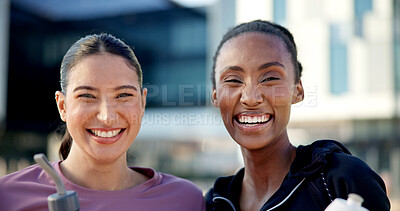 Buy stock photo Athlete, portrait and women with smile, outdoor and laugh together after physical activity or health. Happy people, connection and friends post exercise, resting and fitness for wellness in city