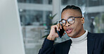 Black man, lawyer and reading in office with phone call, contact and legal advice for court case. Person, attorney and computer at law firm with mobile, question witness and feedback of trial verdict