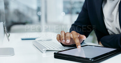 Buy stock photo Hands, lawyer and reading in office with tablet, email witness and new evidence for court case. Person, attorney and space at law firm with digital, upcoming trial and report for proceedings verdict