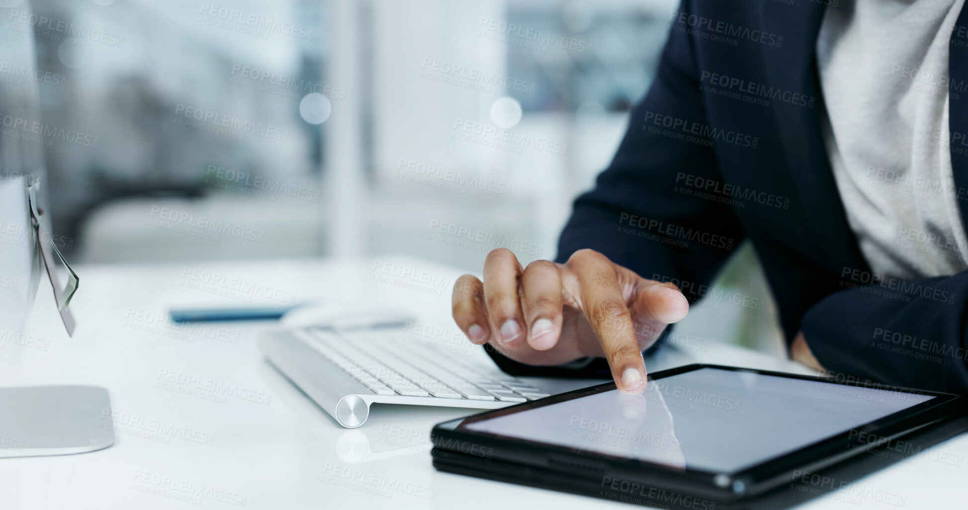 Buy stock photo Hands, lawyer and reading in office with tablet, email witness and new evidence for court case. Person, attorney and space at law firm with digital, upcoming trial and report for proceedings verdict