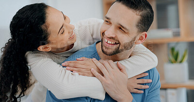 Buy stock photo Love, hug and happy couple in home with comfort for holiday break, weekend or bonding together. Relax, man and woman with smile, commitment or embrace for trust, relationship or vacation in house