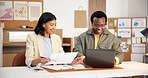Logistics, paperwork and happy people with laptop in startup, conversation and inventory management. Supply chain, entrepreneur and colleagues with documents, collaboration and laughing with tech