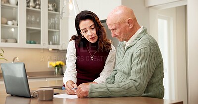 Buy stock photo Paperwork, discussion and old man with adult daughter for retirement fund form, laptop or assistance. Elderly dad, woman and conversation in home with documents, help or  insurance policy application