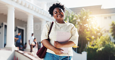 Buy stock photo Book, woman and smile at university campus, learning and  student with academic optimism outdoor. Growth, college and happy person with knowledge, youth development or positive attitude for education