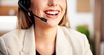 Woman, mouth and consultant with headset for customer service or online business order in store. Happy, female person or delivery agent with smile or mic for virtual assistance or tracking feedback
