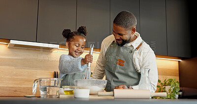 Buy stock photo Father, child and baking in kitchen with whisk, teaching recipe and support with happy black family. Funny girl, parent and mixing flour in bowl, laughing and learning cooking with daughter at house