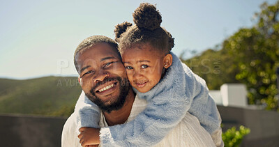 Buy stock photo Father, child and happy with piggyback in backyard for quality time, weekend break and support. Black family, dad and kid with carry portrait, relationship development and bonding together at house
