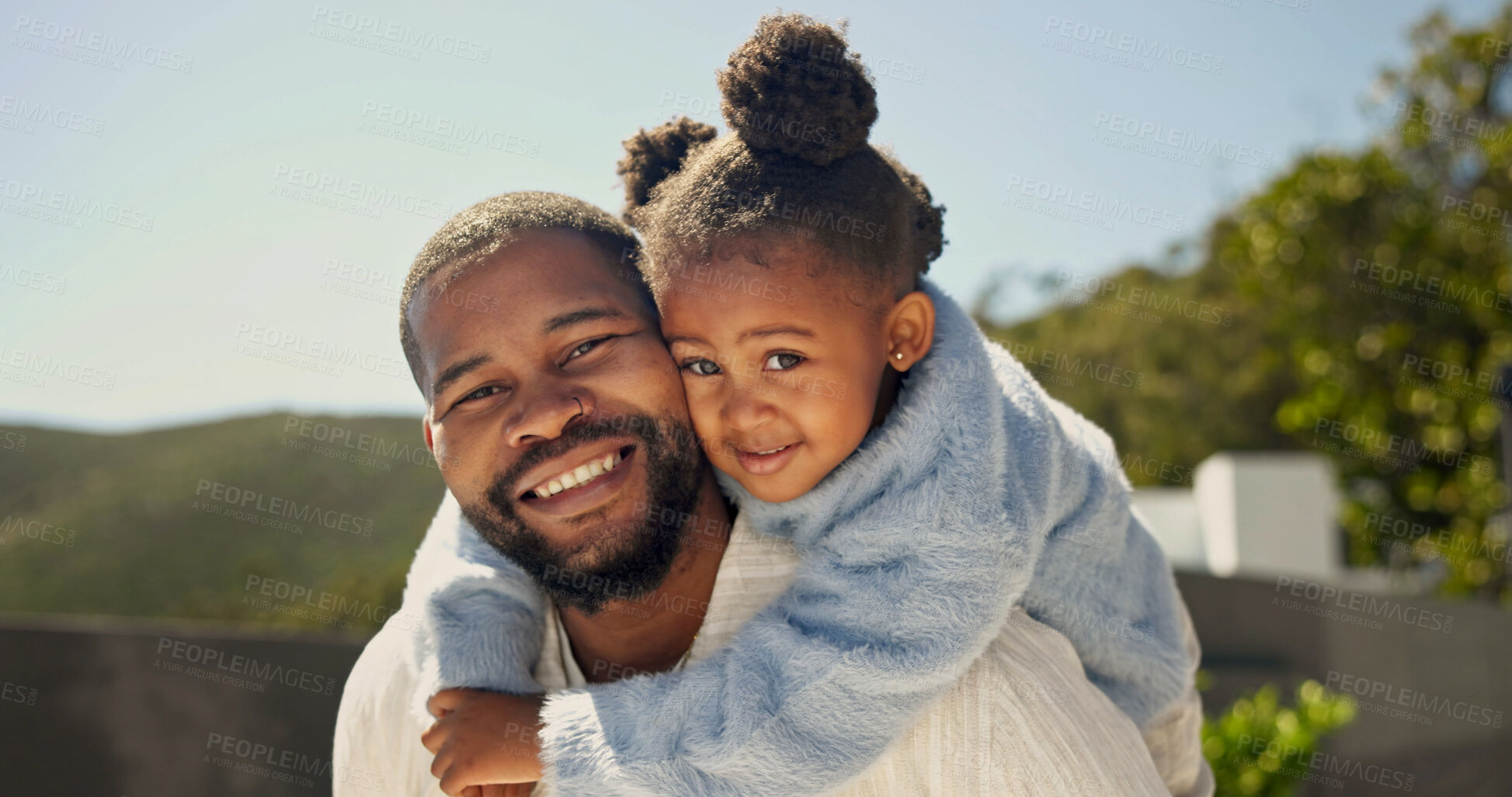 Buy stock photo Father, child and happy with piggyback in backyard for quality time, weekend break and support. Black family, dad and kid with carry portrait, relationship development and bonding together at house