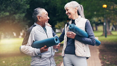 Buy stock photo Smile, old couple and talking at park for yoga, exercise and training guide for healthy lifestyle. Happy, senior people and laugh in nature with chat, pilates fitness and outdoor workout for wellness