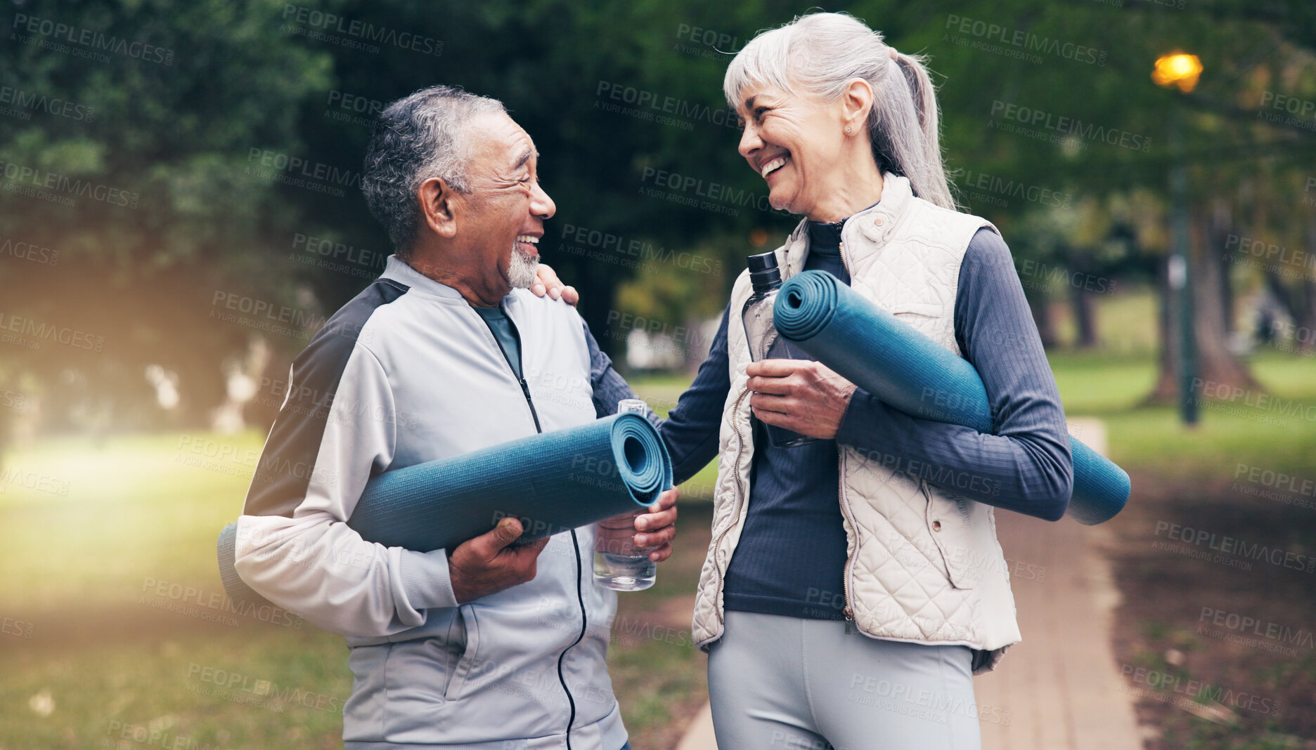 Buy stock photo Smile, old couple and talking at park for yoga, exercise and training guide for healthy lifestyle. Happy, senior people and laugh in nature with chat, pilates fitness and outdoor workout for wellness