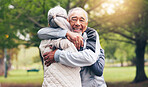 Senior, fitness and happy couple with hug in park for outdoor workout, greeting or introduction. Active, elderly man and woman with smile or embrace for support, motivation or comfort in nature