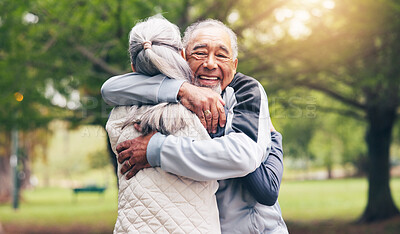 Buy stock photo Senior, fitness and happy couple with hug in park for outdoor workout, greeting or introduction. Active, elderly man and woman with smile or embrace for support, motivation or comfort in nature