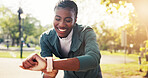 Fitness, outdoor and woman with watch on break, check calories or monitor distance with smile. Rest, happy black person or wristwatch at park for wellness, training metrics or blood oxygen levels