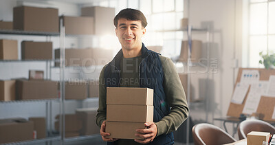 Buy stock photo Logistics, man and package in office with portrait, courier service and smile with job satisfaction. Happy, person and worker in depot with ecommerce parcel, about us and boxes for distribution.