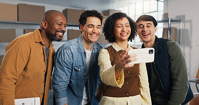 Buy stock photo Selfie, logistics and team with people in warehouse for about us, shipping group and smile. Profile picture, supply chain support and happy with employees in factory for small business and delivery