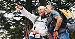 Hiking, pointing and senior couple in nature for trekking, fitness and exercise for bonding and health. Marriage, mountain and man with woman for adventure, backpacking and travel for sightseeing