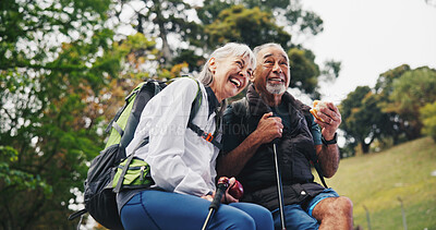 Buy stock photo Hiking, food and old couple in nature with laugh, funny joke and adventure together on weekend break. Travel, senior people and trekking outdoor with lunch, interracial marriage and happy with humor.