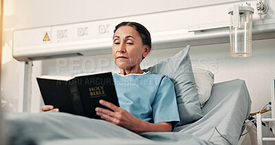 Buy stock photo Patient, woman and reading in hospital bed with bible, salvation and Christian belief for healing. Mature person, faith and holy book in medical clinic for Catholic religion, guidance and recovery.