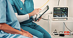 Nurse, patient and hands in hospital with tablet, review test results and medical research for help. Healthcare worker, people and consultation in clinic with tech, planning treatment and checkup.