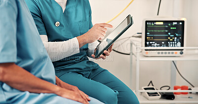Buy stock photo Nurse, patient and hands in hospital with tablet, review test results and medical research for help. Healthcare worker, people and consultation in clinic with tech, planning treatment and checkup.