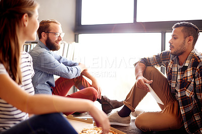 Buy stock photo Lunch, friends and people with pizza, office and discussion for project, collaboration and colleagues. Business, creative and group with fast food on break, talking and employee with tablet for task