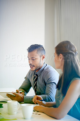 Buy stock photo Business, meeting and man with woman on tablet for finance review, budget planning and proposal. Professional, digital tech and workers in discussion for collaboration, financial report or research