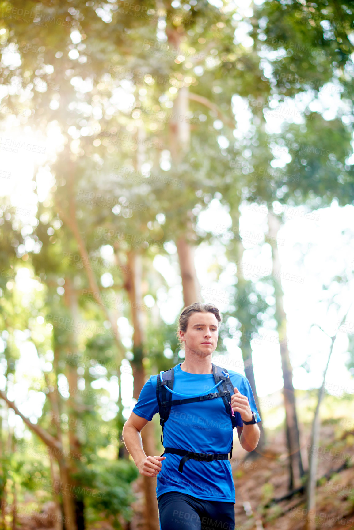 Buy stock photo Running, fitness and man in woods, training and exercise with challenge, endurance and wellness. Healthy person, athlete and runner in forest, countryside and energy with practice, cardio and workout