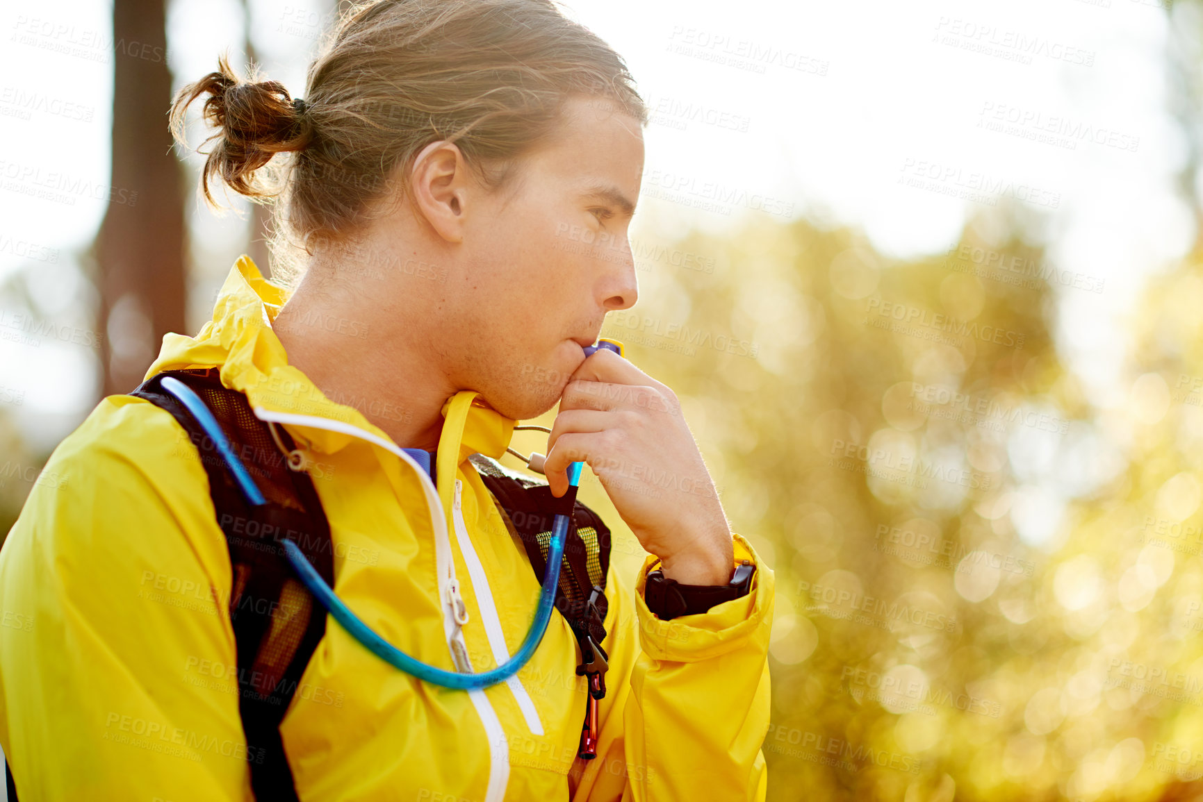 Buy stock photo Drinking water, backpack and hiking with man in nature for hydration pack, break and wellness. Workout, training and fitness with person and gear for beverage in forest for adventure and trekking