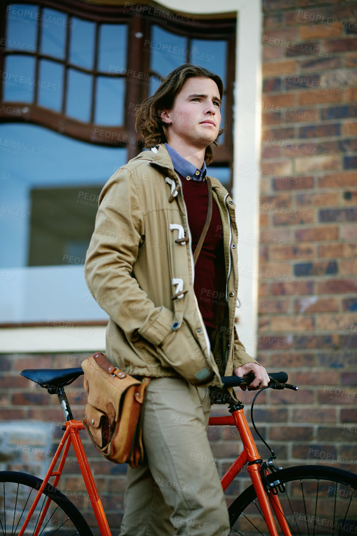 Buy stock photo Thinking, bike and man in city, travel and eco friendly with logistics, urban town and healthy. Person, outdoor and bicycle with transportation, direction and location with wonder and Netherlands