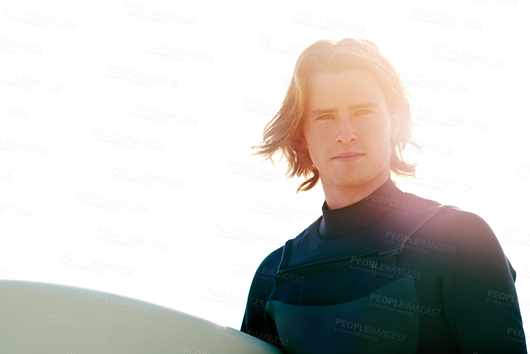 Buy stock photo Sunshine, surfboard and portrait of man by beach for surfing hobby, water sports and adventure. Flare, space and person outdoor for summer vacation, holiday and weekend in Australia by seaside