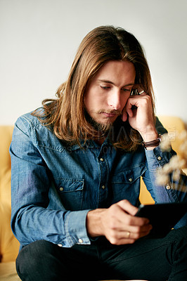 Buy stock photo Relax, reading and tablet with man on sofa for ebook, online article and blog information. Literature platform, search and subscription with person and digital library in living room at home for app