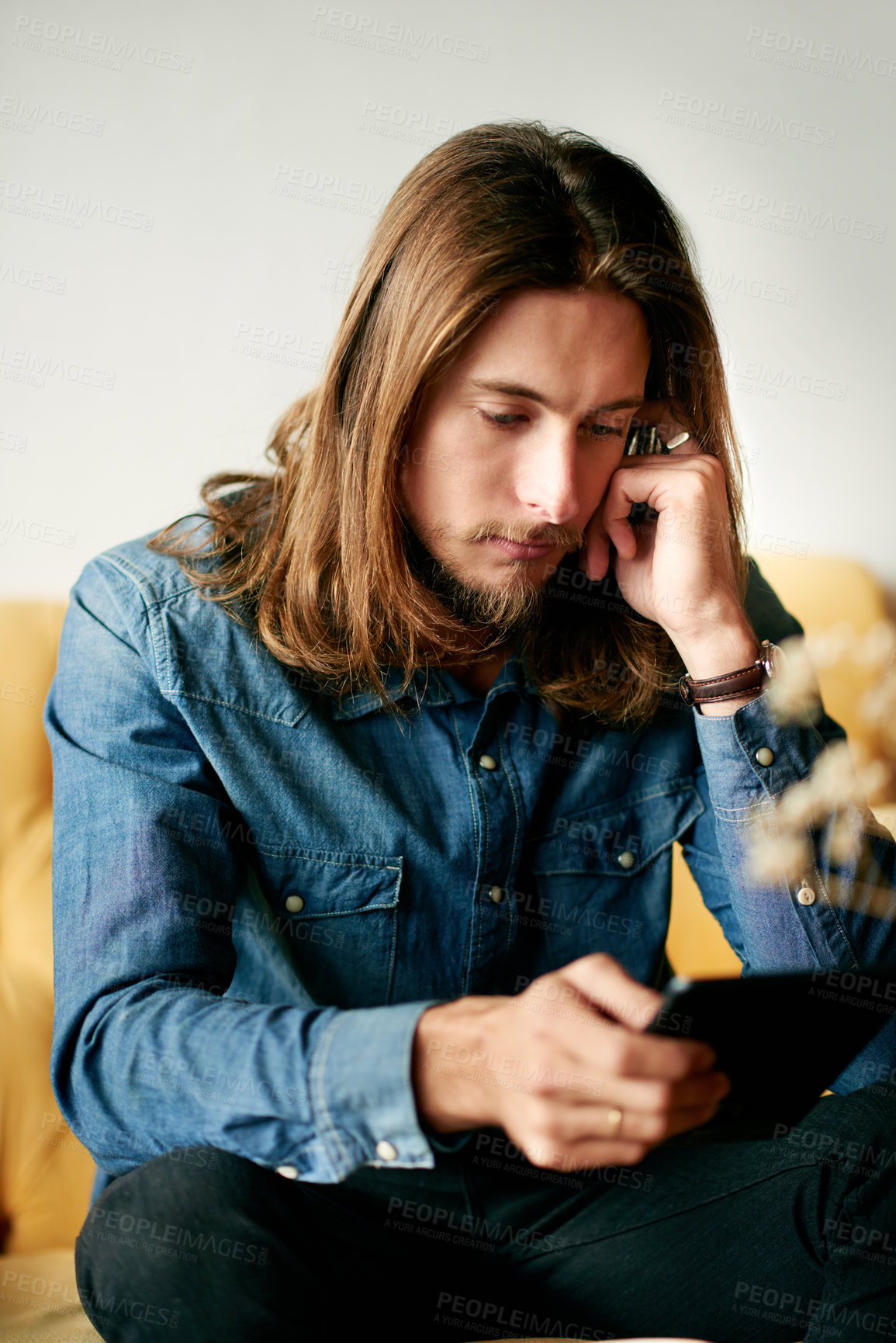 Buy stock photo Relax, reading and tablet with man on sofa for ebook, online article and blog information. Literature platform, search and subscription with person and digital library in living room at home for app