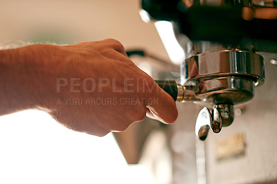 Buy stock photo Coffee machine, hospitality and service with hand of barista closeup in cafe for order preparation. Beverage, morning and process with server or waiter in restaurant for small business startup