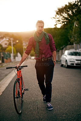 Buy stock photo Walk, thinking or man with bike in sunset for eco friendly transport or entrepreneurship in city. Evening, leaving or designer on road in urban town with travel, fashion or bicycle for creative job