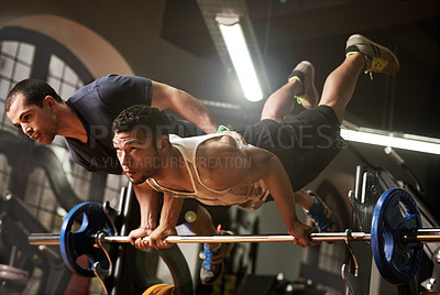 Buy stock photo Gym, handstand or people with balance on barbell in fitness for callisthenics, training or workout. Athletes, flexible or gymnasts in club with weights for teamwork, acrobatics and planche exercise 