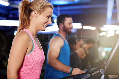 Buy stock photo Cardio, walk and happy woman on treadmill in gym class for training exercise, body wellness or health. Athlete, smile and person on machine equipment for fitness challenge, daily steps and workout