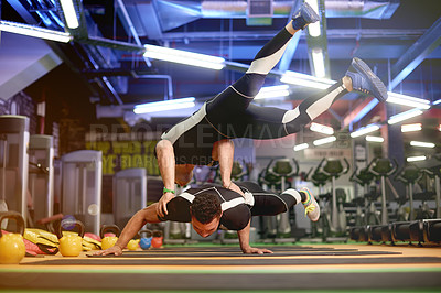 Buy stock photo Breakdance, acrobatic or dancers in gym with team for dancing, calisthenics training or workout. Athlete, skill or flexible people in club with stability for balance, acrobatics or strength on floor 
