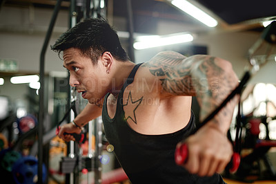 Buy stock photo Fitness, man and exercise with cable machine at gym for muscle mass, triceps strength or workout. Bodybuilder, strong and equipment at sports club for functional training, core stability and wellness