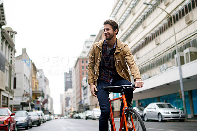 Buy stock photo Happy, city and business man with bicycle for morning commute, travel and journey to work. Thinking, creative worker and person on bike for eco friendly, sustainable and carbon neutral transport