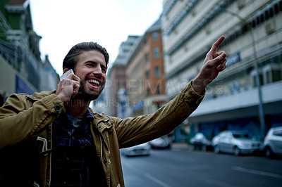 Buy stock photo Gesture, phone call and taxi with man on city street for commute, transport service or travel. Communication, smile and wave with happy person outdoor in urban town for cab, ride share or tourism
