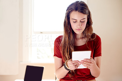 Buy stock photo Girl, reading and tablet with blog for online app, social media or ebook story at home. Female person, user or teenager browsing with technology or UI for network, connection or research at house