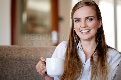 Buy stock photo Smile, coffee and portrait of woman on sofa for calm, peaceful and break in morning at home. Happy, cappuccino and female person drinking warm beverage in living room at apartment on weekend.